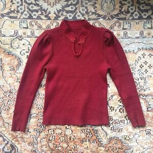 Burgundy Mandarin Collar Ribbed Knit Sweater Frog Knot Puff Sleeve Top
